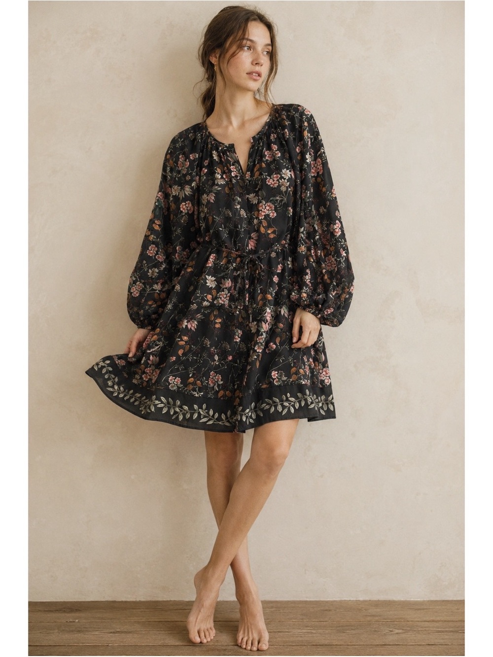 H&M Woman Black Floral Relax Fit Balloon Sleeve Tie Waist Dress MEDIUM Boho